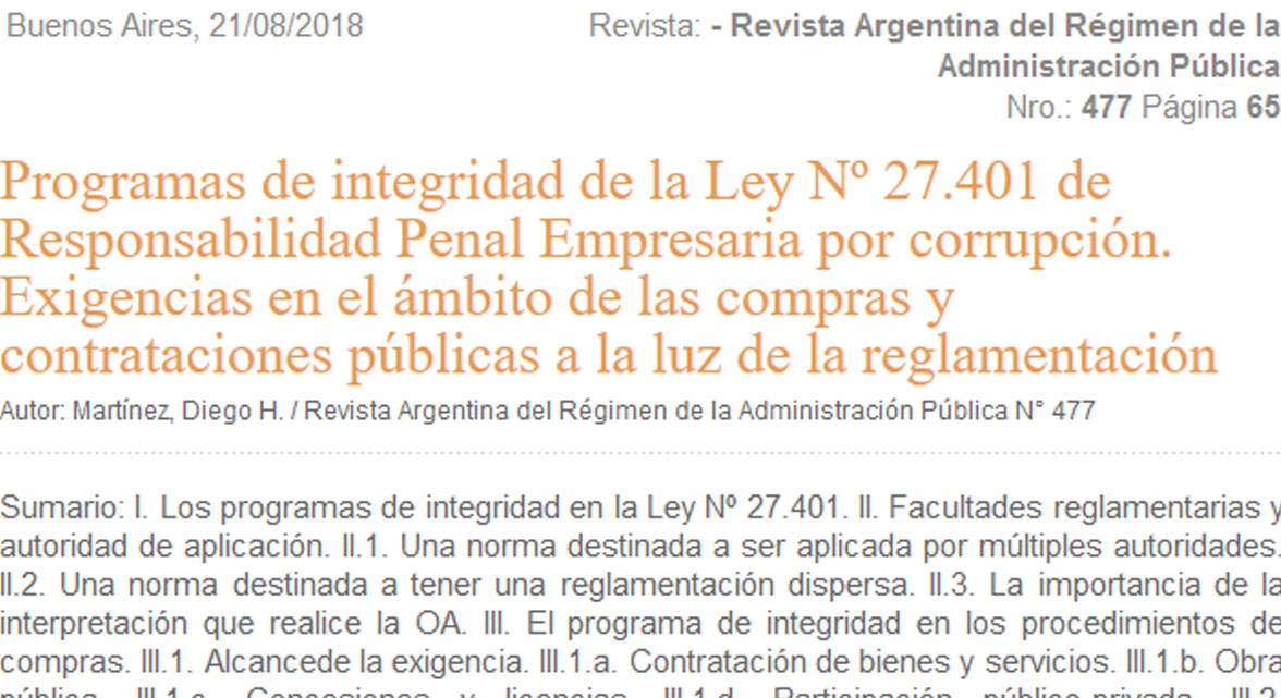 Programas de integridad de la Ley Nro. 27.401 de responsabilidad penal empresaria por corrupción. Exigencias en el ámbito de las compras públicas a la luz de la reglamentación